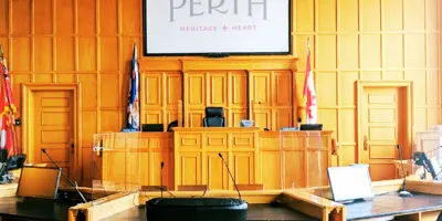 Inside of Council Chambers looking towards the Mayor's chair