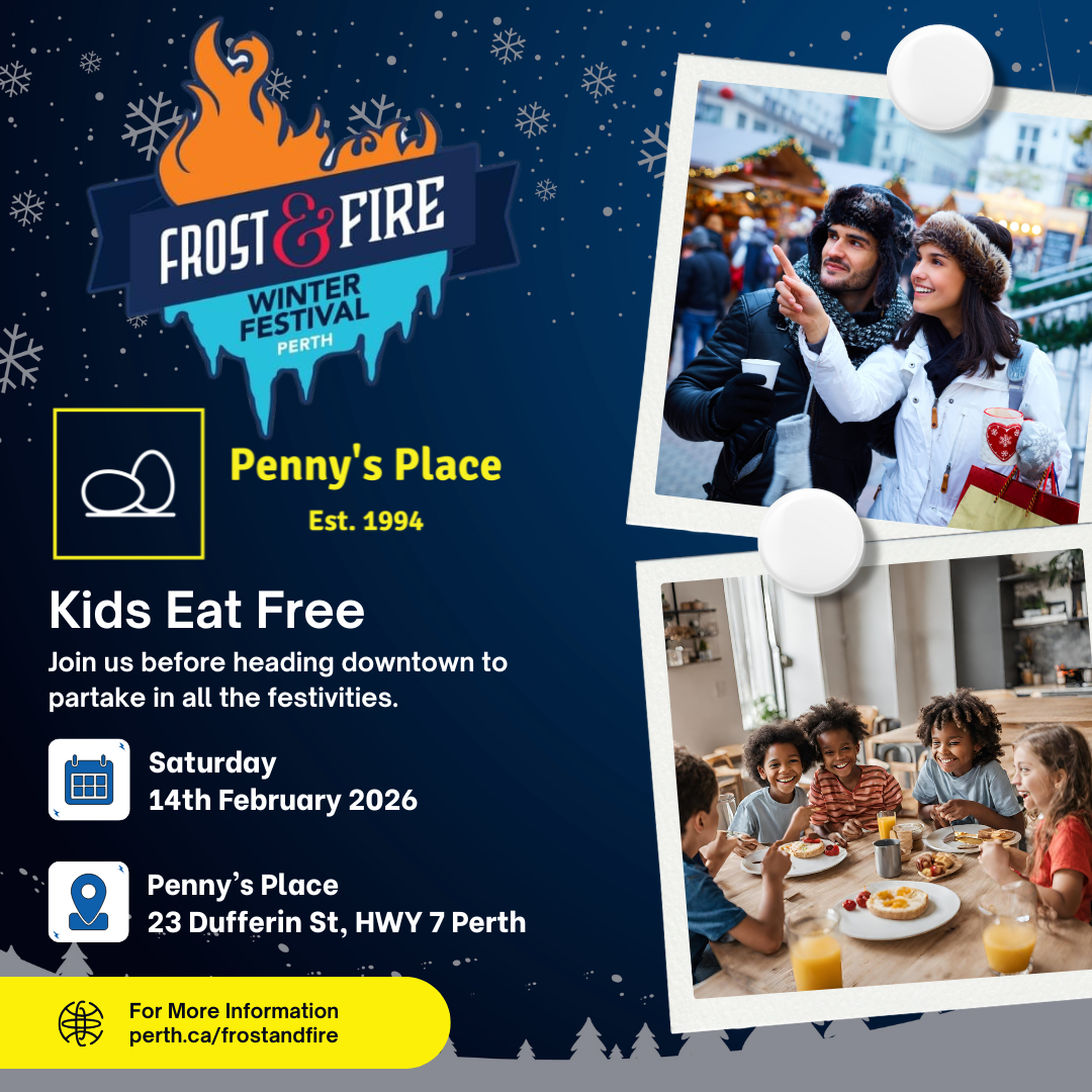 Kids eat free at Penny's Place for Frost & Fire Winter Festival on February 14, 2026. Restrictions apply.