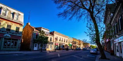 Street view of downtown Perth with several heritage buildings