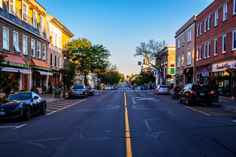 View of downtown road with heritage buildings on either side