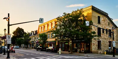 Exterior of heritage buildings in downtown Perth during early evening