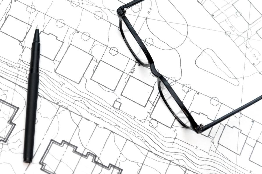 Concept drawings of city plan with black pen and black glasses resting on top