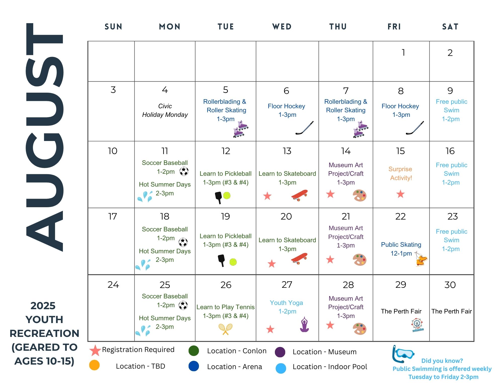August 2025 Youth Recreation Calendar