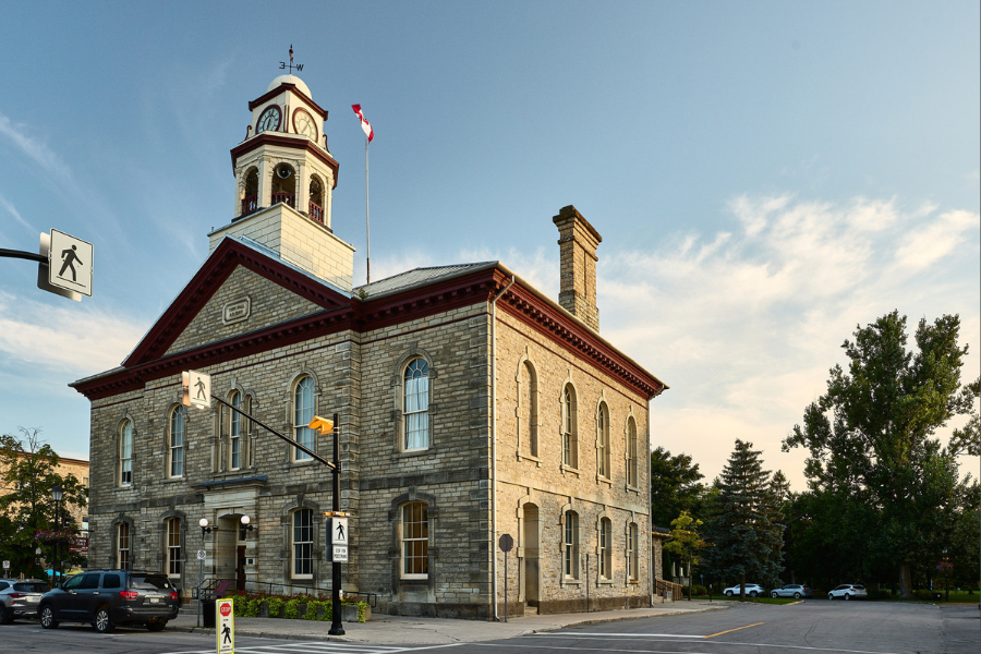 Front of Town Hall building in early evening